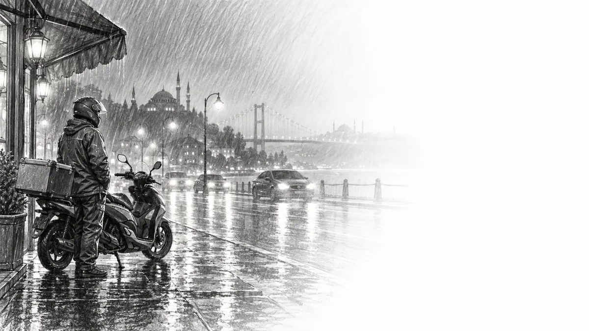 Yağmurlu bir İstanbul gecesinde saçak altında mopedinin yanında bekleyen kurye, karakalem çizim